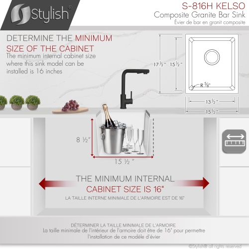 STYLISH 16 inch Dual Mount Single Bowl White Composite Granite Kitchen Sink with Strainer S-816H