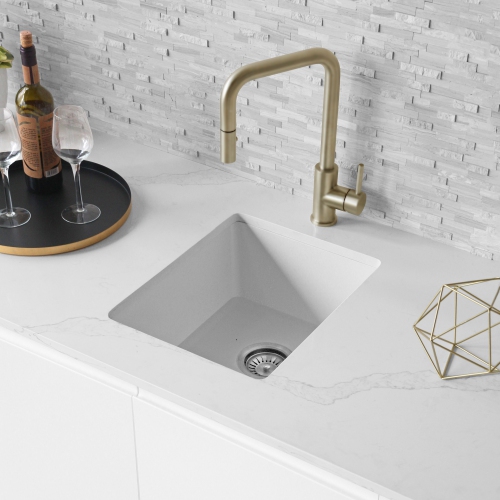 STYLISH 16 inch Dual Mount Single Bowl White Composite Granite Kitchen Sink with Strainer S-816H