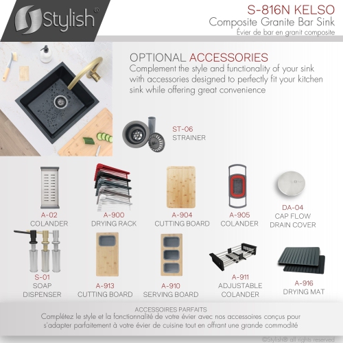 STYLISH 16 inch Dual Mount Single Bowl Black Composite Granite Kitchen Sink with Strainer S-816N