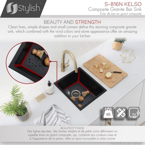 STYLISH 16 inch Dual Mount Single Bowl Black Composite Granite Kitchen Sink with Strainer S-816N