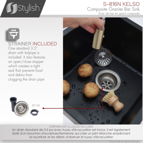 STYLISH 16 inch Dual Mount Single Bowl Black Composite Granite Kitchen Sink with Strainer S-816N