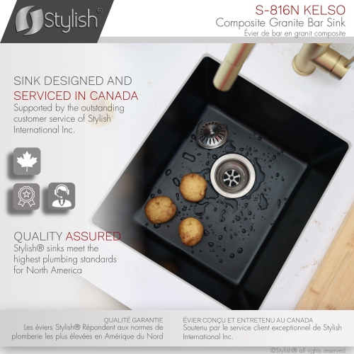 STYLISH 16 inch Dual Mount Single Bowl Black Composite Granite Kitchen Sink with Strainer S-816N