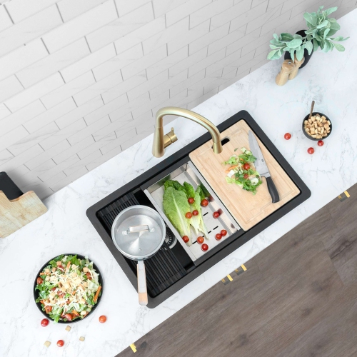 STYLISH Dual Mount 28" Workstation Single-Bowl Composite Granite Kitchen Sink with Built in Accessories in Black S-828WN
