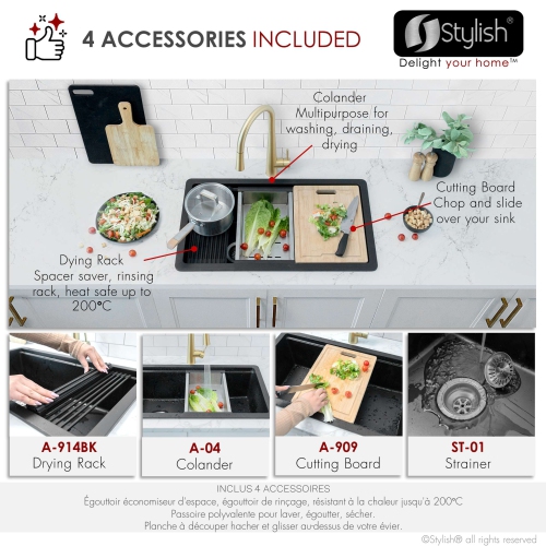 STYLISH Dual Mount 28" Workstation Single-Bowl Composite Granite Kitchen Sink with Built in Accessories in Black S-828WN