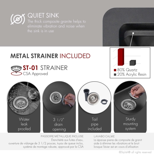 STYLISH Dual Mount 28" Workstation Single-Bowl Composite Granite Kitchen Sink with Built in Accessories in Black S-828WN