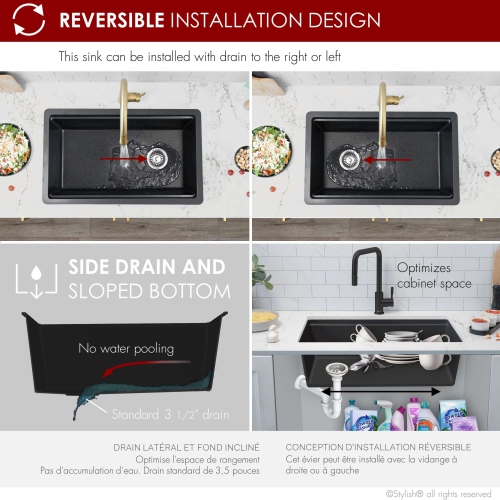 STYLISH Dual Mount 28" Workstation Single-Bowl Composite Granite Kitchen Sink with Built in Accessories in Black S-828WN