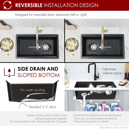 STYLISH Dualmount 32" Workstation Single-Bowl Black Composite Granite Kitchen Sink with Built in Accessories S-832WN