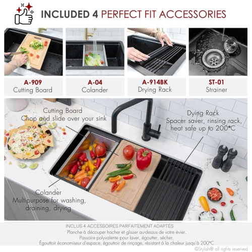 STYLISH Dualmount 32" Workstation Single-Bowl Black Composite Granite Kitchen Sink with Built in Accessories S-832WN
