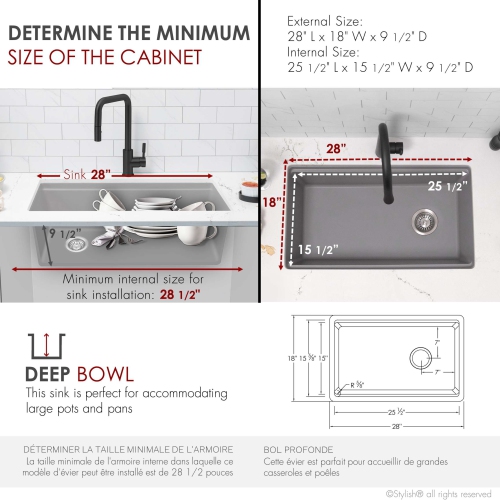 STYLISH Dual Mount 28" Workstation Single-Bowl Composite Granite Kitchen Sink with Built in Accessories in Gray S-828WL