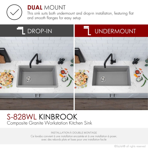 STYLISH Dual Mount 28" Workstation Single-Bowl Composite Granite Kitchen Sink with Built in Accessories in Gray S-828WL