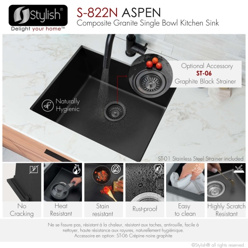 ÉLÉGANT évier de cuisine en granite composite noir de 22 po à double support avec passoire S-822N