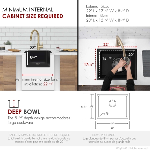 ÉLÉGANT évier de cuisine en granite composite noir de 22 po à double support avec passoire S-822N