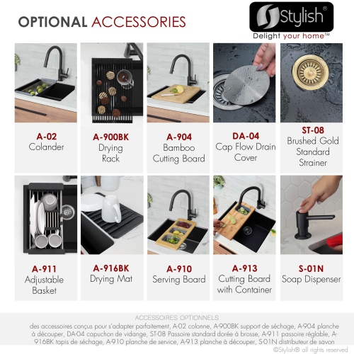 ÉLÉGANT évier de cuisine en granite composite noir de 22 po à double support avec passoire S-822N