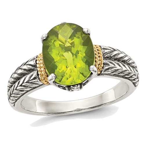 GEM AND HARMONY  Ladies Natural Peridot Ring In Sterling Silver With 14K Accents In Gold