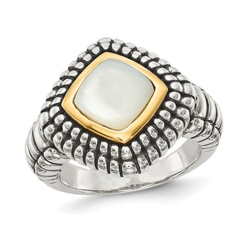 GEM AND HARMONY  Mother Of Pearl Ring In Sterling Silver With 14K Gold Accents In White