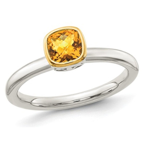GEM AND HARMONY  3/5 Carat (Ctw) Citrine Ring In Sterling Silver With 14K Gold Acent In Yellow