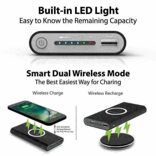 Qi Wireless Power Bank 10000mAh Dual USB Backup Fast Charger External Battery