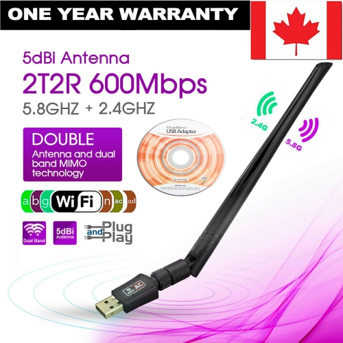 USB WiFi Wireless Adapter 802.11ac AC600 Dongle WPS 5GHz Dual Band 5dBi Antenna