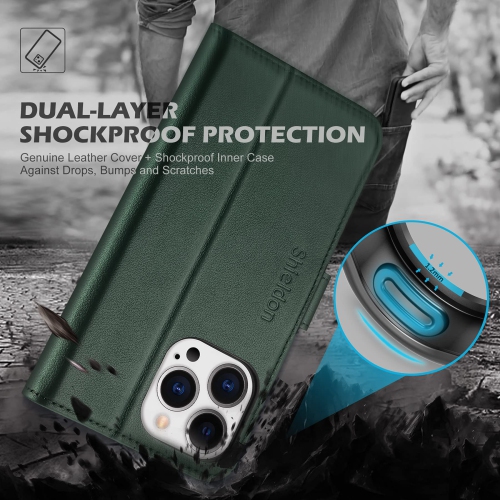 SHIELDON Case for iPhone 13 Pro, Genuine Leather iPhone 13 Pro 5G Wallet Case with Kickstand RFID Blocking Card Slots Magnet