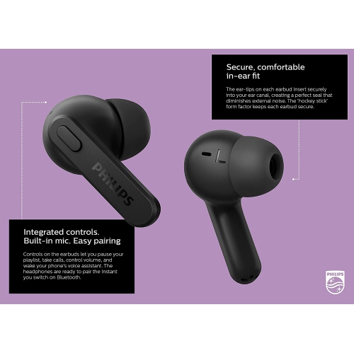 Philips T2206 True Wireless Headphones with IPX4 Water Resistance, Super-Small Charging case, Integrated Controls, Built-in Microphone, Up to 18