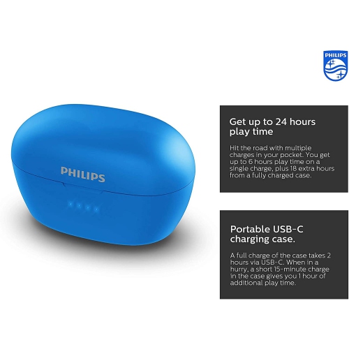 Philips TAT3215 Bluetooth 5.1 Wireless in-Ear Earbuds, TWS Stereo Headphones, IPX4, Up to 24hrs of Playtime with Power Bank Charging Case - Charges