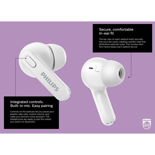 Philips T2206 True Wireless Headphones with IPX4 Water Resistance, Super-Small Charging case, Integrated Controls, Built-in Microphone, Up to 18