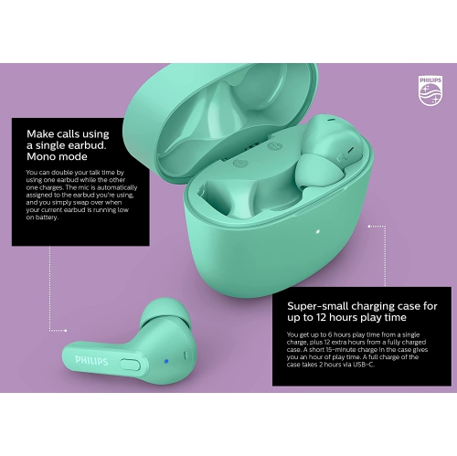 Philips T2206 True Wireless Headphones with IPX4 Water Resistance, Super-Small Charging case, Integrated Controls, Built-in Microphone, Up to 18