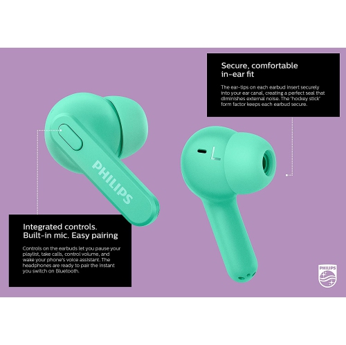 Philips T2206 True Wireless Headphones with IPX4 Water Resistance, Super-Small Charging case, Integrated Controls, Built-in Microphone, Up to 18