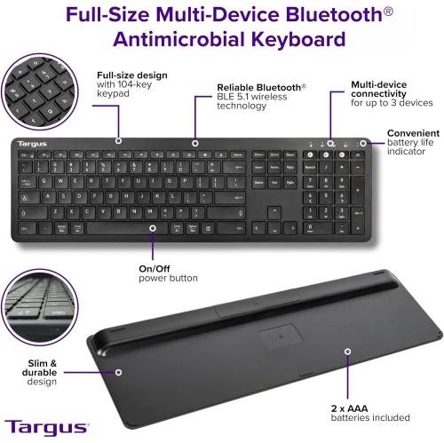 Targus Full-Size Multi-Device Bluetooth Keyboard – 104-Key QWERTY Layout, Connect Up to 3 Devices, Compatible with Chrome OS, Windows, macOS, iOS,