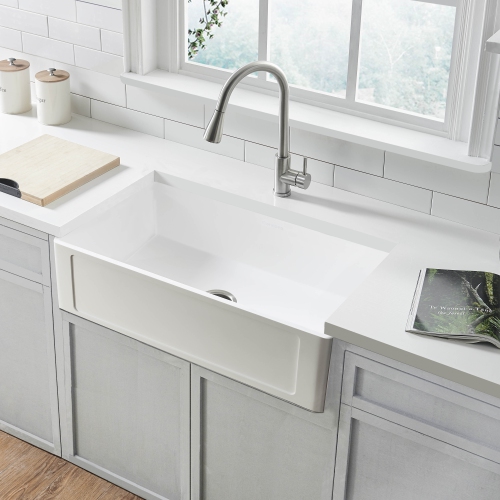 ANCONA  Holbrook Pure Stone 30 In. X 18 In. Single Bowl Undermount Farmhouse Kitchen Sink With Grid And Strainer In Finish In White