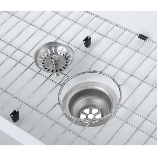 Holbrook Pure Stone 30 in. x 18 in. Single Bowl Undermount Farmhouse Kitchen Sink with Grid and Strainer in White Finish