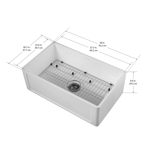 Holbrook Pure Stone 30 in. x 18 in. Single Bowl Undermount Farmhouse Kitchen Sink with Grid and Strainer in White Finish