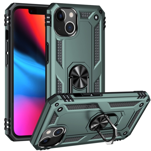 【CSmart】 Étui rigide magnétique hybride anti-chute avec support d'anneau pour iPhone 13 Mini, vert minuit