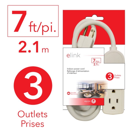 Elink EL-883 3 Outlet Grounded Interior Extension Power Bar 7Ft White