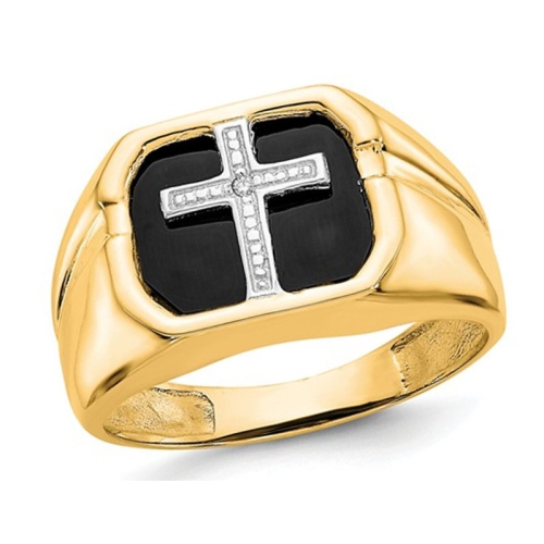 GEM AND HARMONY  Mens 14K Gold Cross Rings With Black Onyx In Yellow