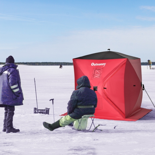 Outsunny 2 Person Ice Fishing Shelter, Pop-Up Portable Ice Fishing Tent with Windows, Carry Bag and Anchors, Red