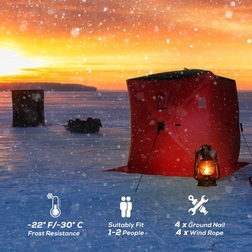 Outsunny 2 Person Ice Fishing Shelter, Pop-Up Portable Ice Fishing Tent with Windows, Carry Bag and Anchors, Red