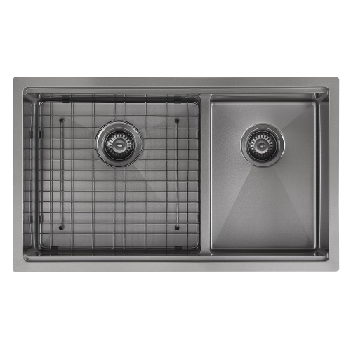Ancona 32" 60/40 Double Bowl Undermount Kitchen Sink with Grid and Roll-Up Mat in PVD Gunmetal