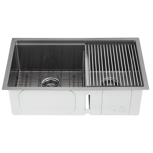 Ancona 32" 60/40 Double Bowl Undermount Kitchen Sink with Grid and Roll-Up Mat in PVD Gunmetal