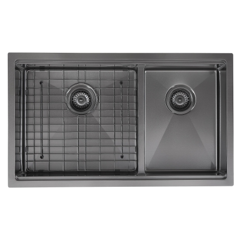 Ancona 32" 60/40 Double Bowl Undermount Kitchen Sink with Grid and Roll-Up Mat in Black PVD Nano