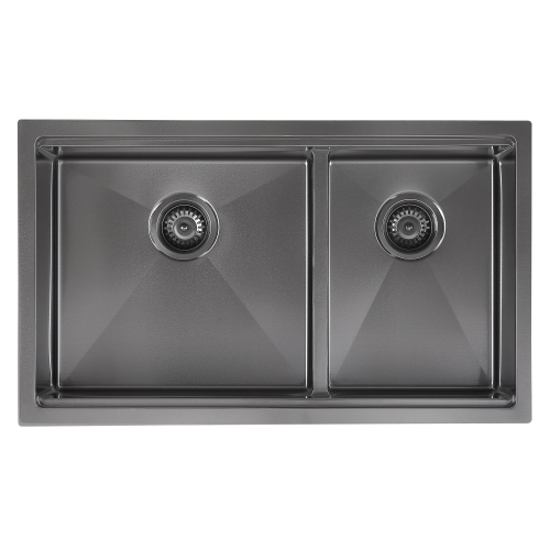 Ancona 32" 60/40 Double Bowl Undermount Kitchen Sink with Grid and Roll-Up Mat in Black PVD Nano