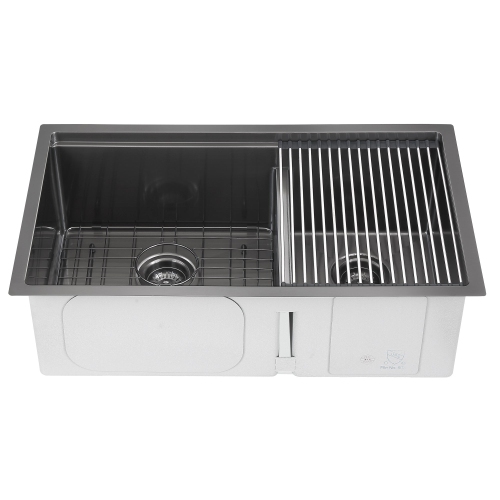 Ancona 32" 60/40 Double Bowl Undermount Kitchen Sink with Grid and Roll-Up Mat in Black PVD Nano