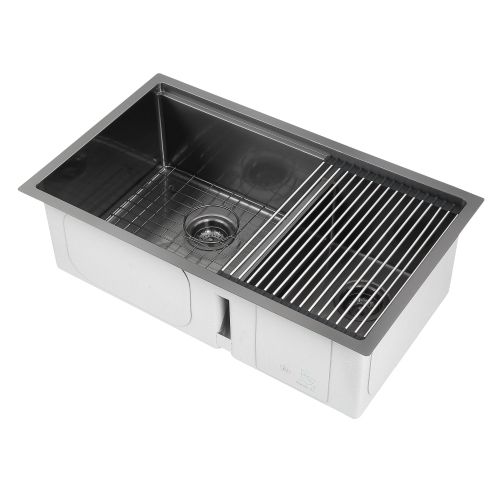Ancona 32" 60/40 Double Bowl Undermount Kitchen Sink with Grid and Roll-Up Mat in Black PVD Nano