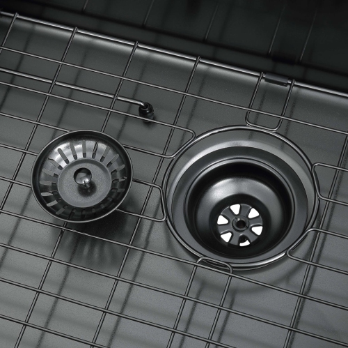 Ancona 32" 60/40 Double Bowl Undermount Kitchen Sink with Grid and Roll-Up Mat in Black PVD Nano