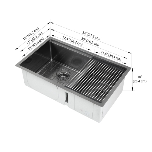 Ancona 32" 60/40 Double Bowl Undermount Kitchen Sink with Grid and Roll-Up Mat in Black PVD Nano