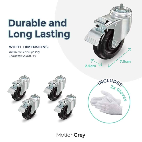 MotionGrey Heavy Duty Caster Wheels 3 inch for All Floors, M10 Threaded Locking Casters Set of 4, Universal Industrial Metal Swivel Wheel Desk Castor