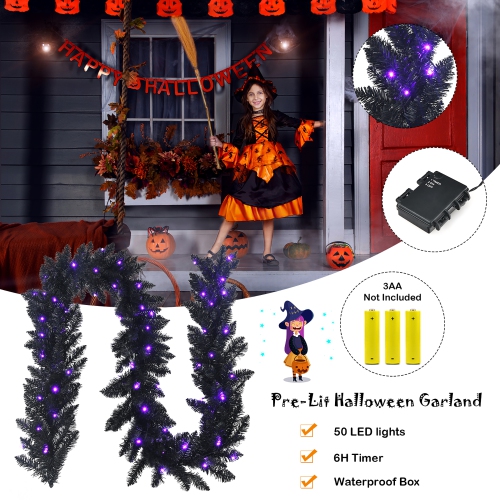 Costway 9ft Pre-lit Christmas Halloween Garland Black w/ 50 Purple LED Lights