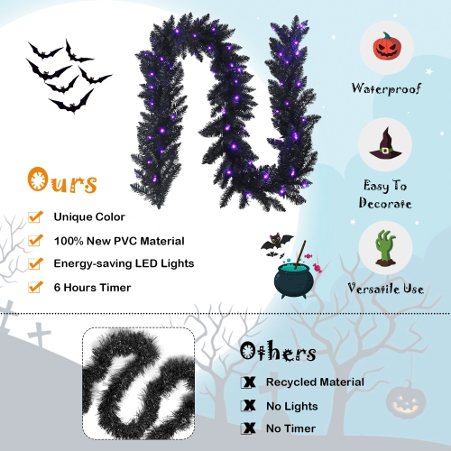 Costway 9ft Pre-lit Christmas Halloween Garland Black w/ 50 Purple LED Lights