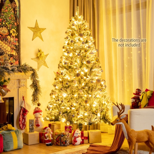 Costway 7ft Pre-lit Snow Flocked Hinged Christmas Tree w/1116 Tips & Metal Stand