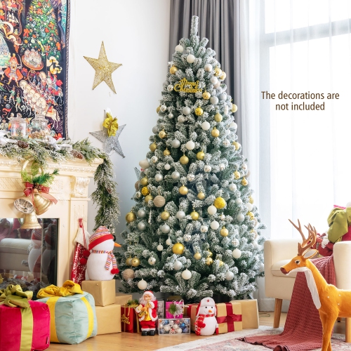 Costway 7ft Pre-lit Snow Flocked Hinged Christmas Tree w/1116 Tips & Metal Stand